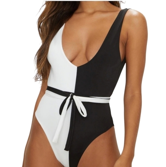 PRETTYLITTLETHING Black And White Contrast Tie Waist Swimsuit NWT - Picture 1 of 7
